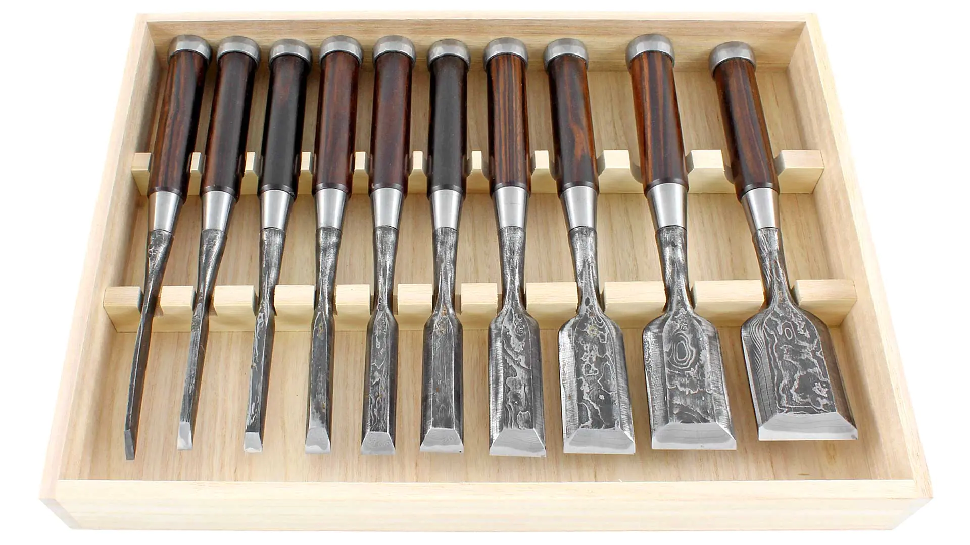 Ensemble de 10 Ciseaux à Bois Japonais Suminagashi en Acier Damas DAITEI