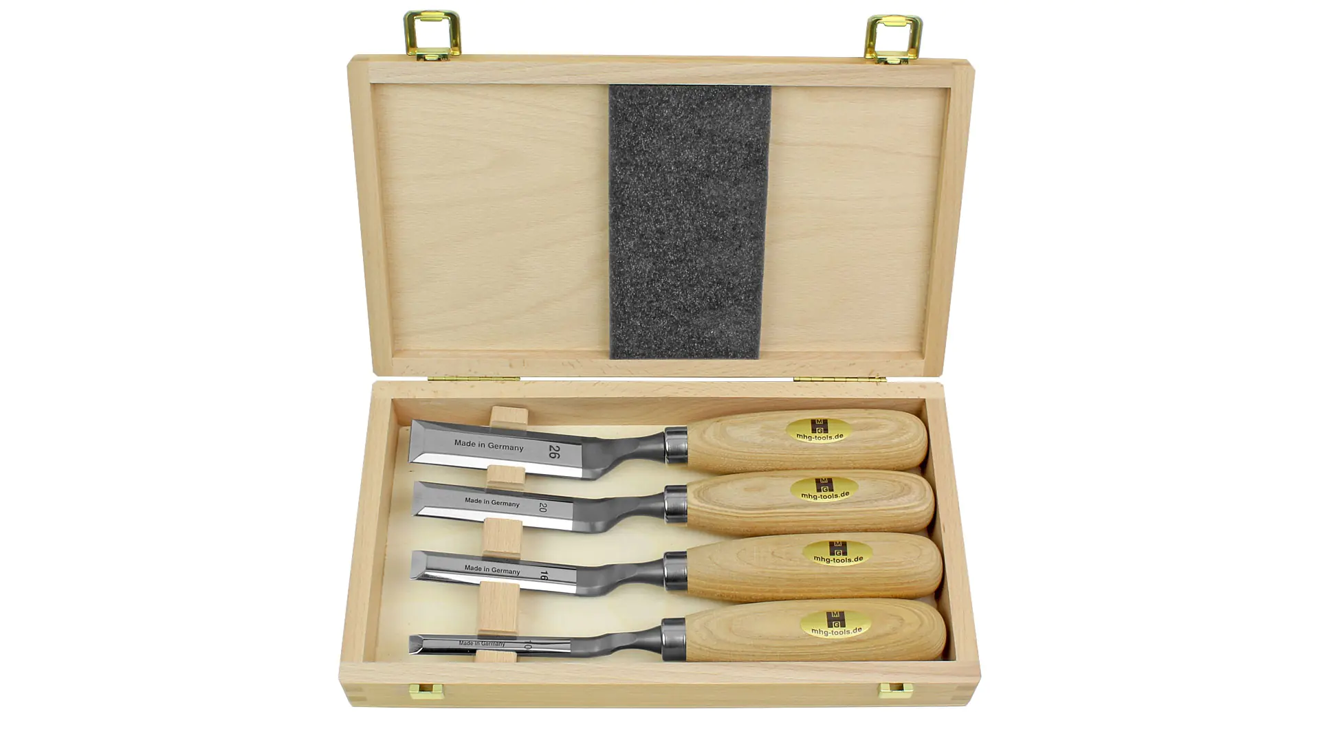 Ensemble de 4 Ciseaux à Bois Coudés avec Manche Rond 10-16-20-26 mm dans une Boîte en Bois MHG
