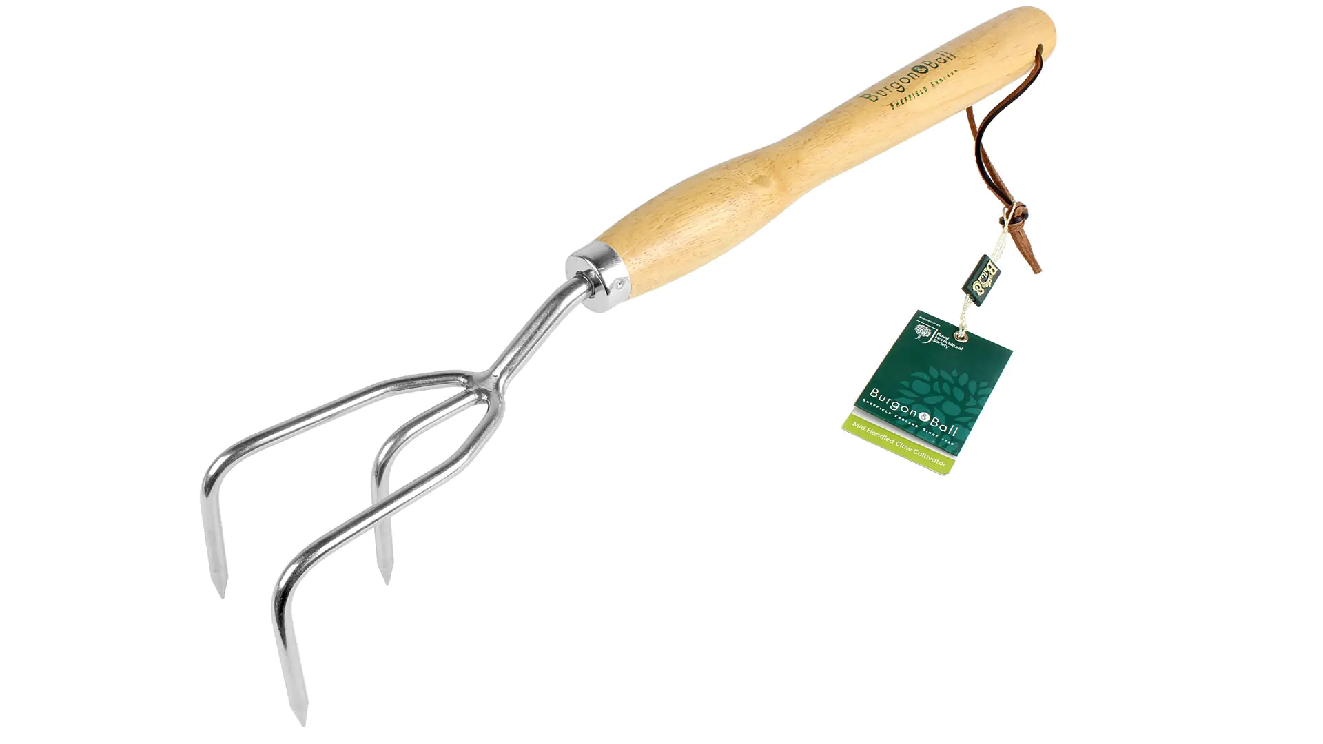Cultivateur à griffe en acier inoxydable avec long manche en bois, longueur totale 460 mm = 18 po. BURGON & BALL