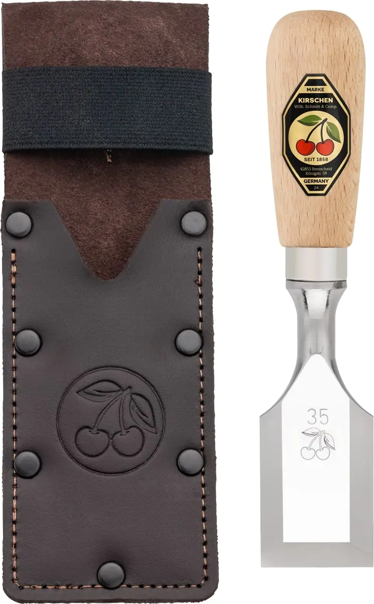 Ciseau court 35 mm dans un étui en cuir avec manche en hêtre KIRSCHEN