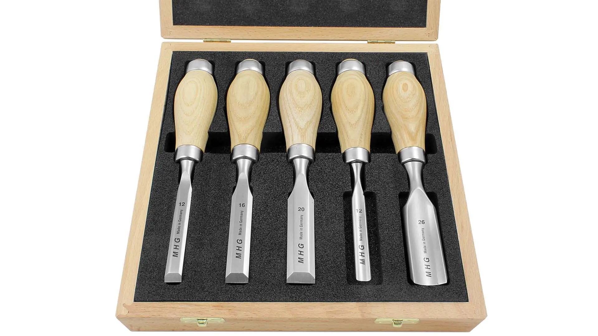 Assortiment de Ciseaux Courts 12-16-20mm et Gouges de Paume 12-26mm dans une Boîte en Bois MHG