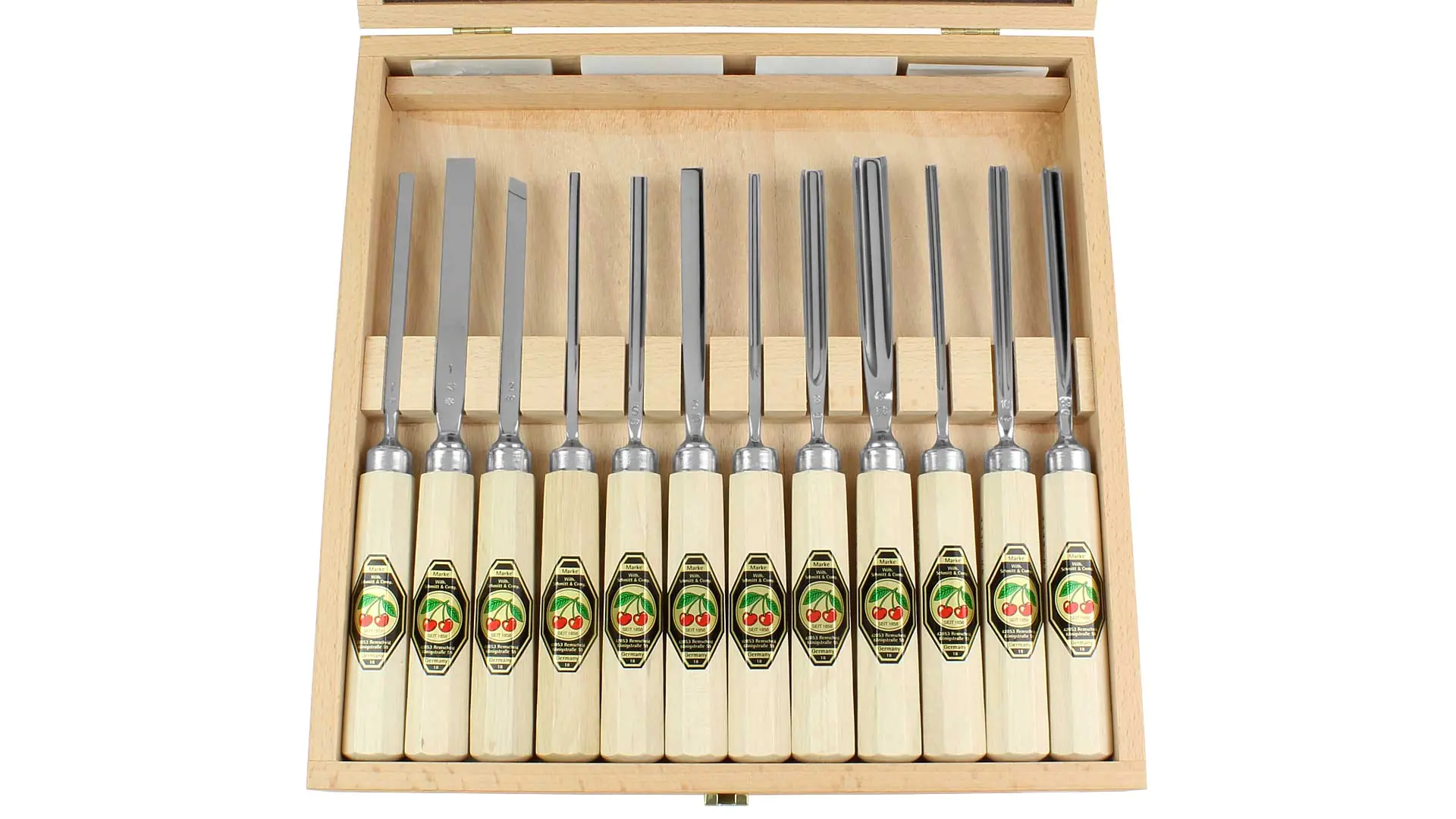 Ensemble de 12 Gouges dans une Boîte en Bois TWO CHERRIES Ensemble de 12 Gouges dans une Boîte en Bois TWO CHERRIES