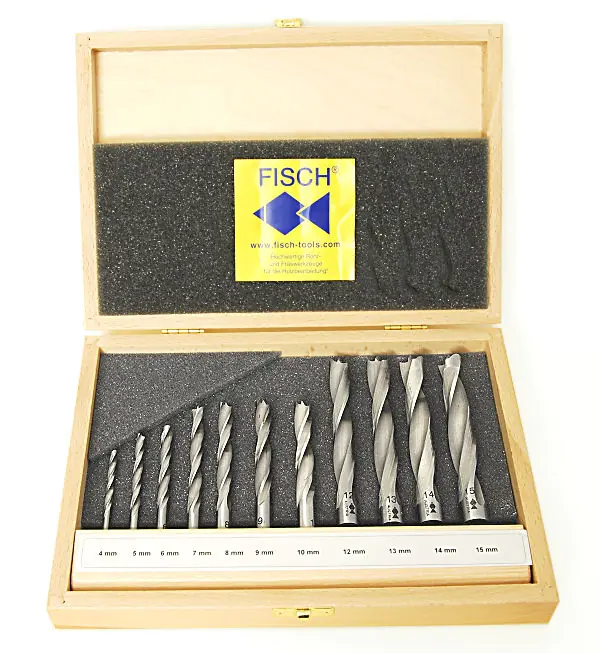 Ensemble de 12 Foret à Bois Hélicoïdaux 4-5-6-7-8-9-10-12-13-14-15 mm dans une Boîte en Bois FISCH