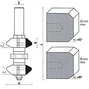 Fraise à Double Chanfrein TCT D=35mm B=14mm Angle1=45°  Angle2=30° L=108mm S=8mm KLEIN