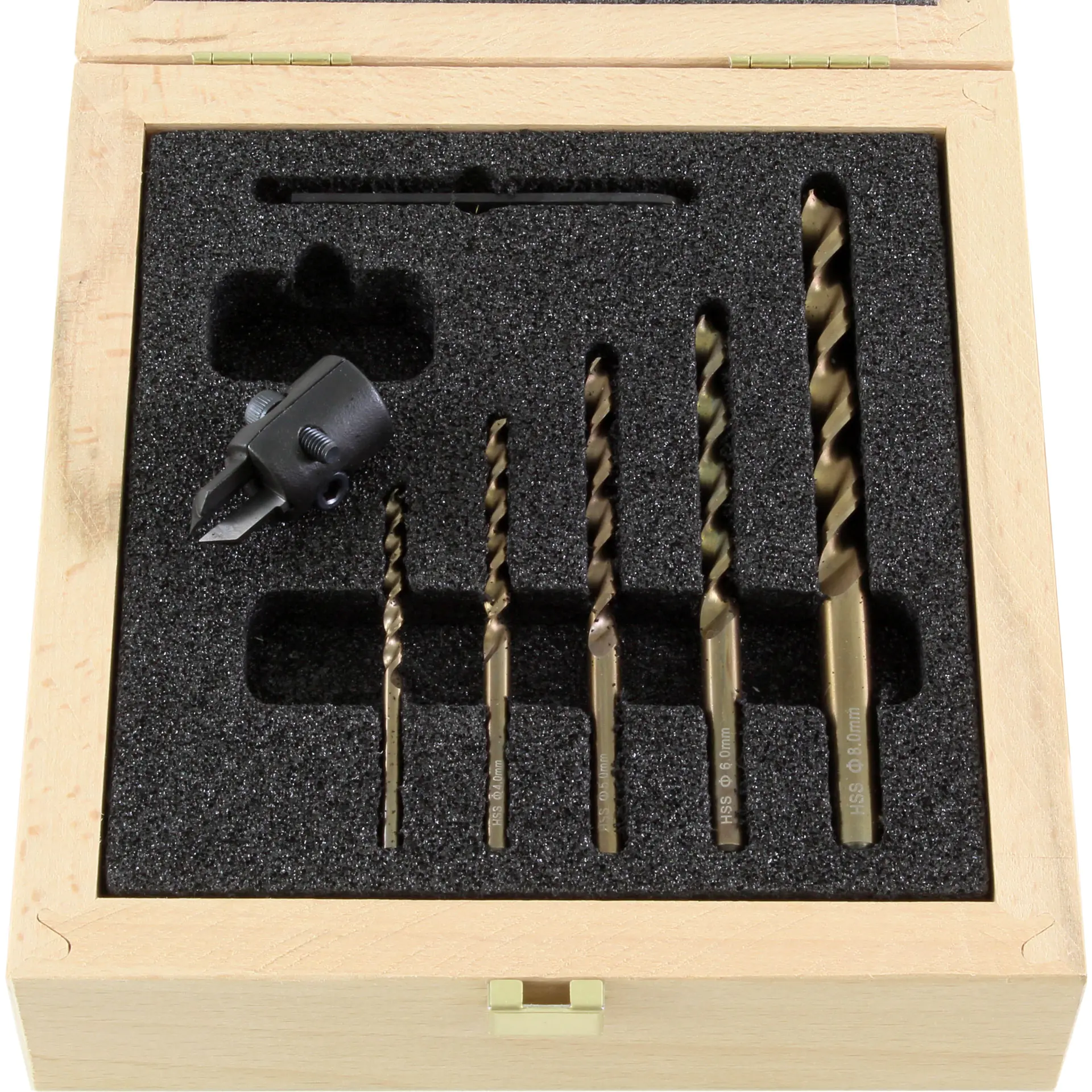 Coffret de Forets et Fraise Conique Vario 90 ° Dans une Boîte en Bois avec Forets HSS-G 3-4-5-6-8 mm FAMAG