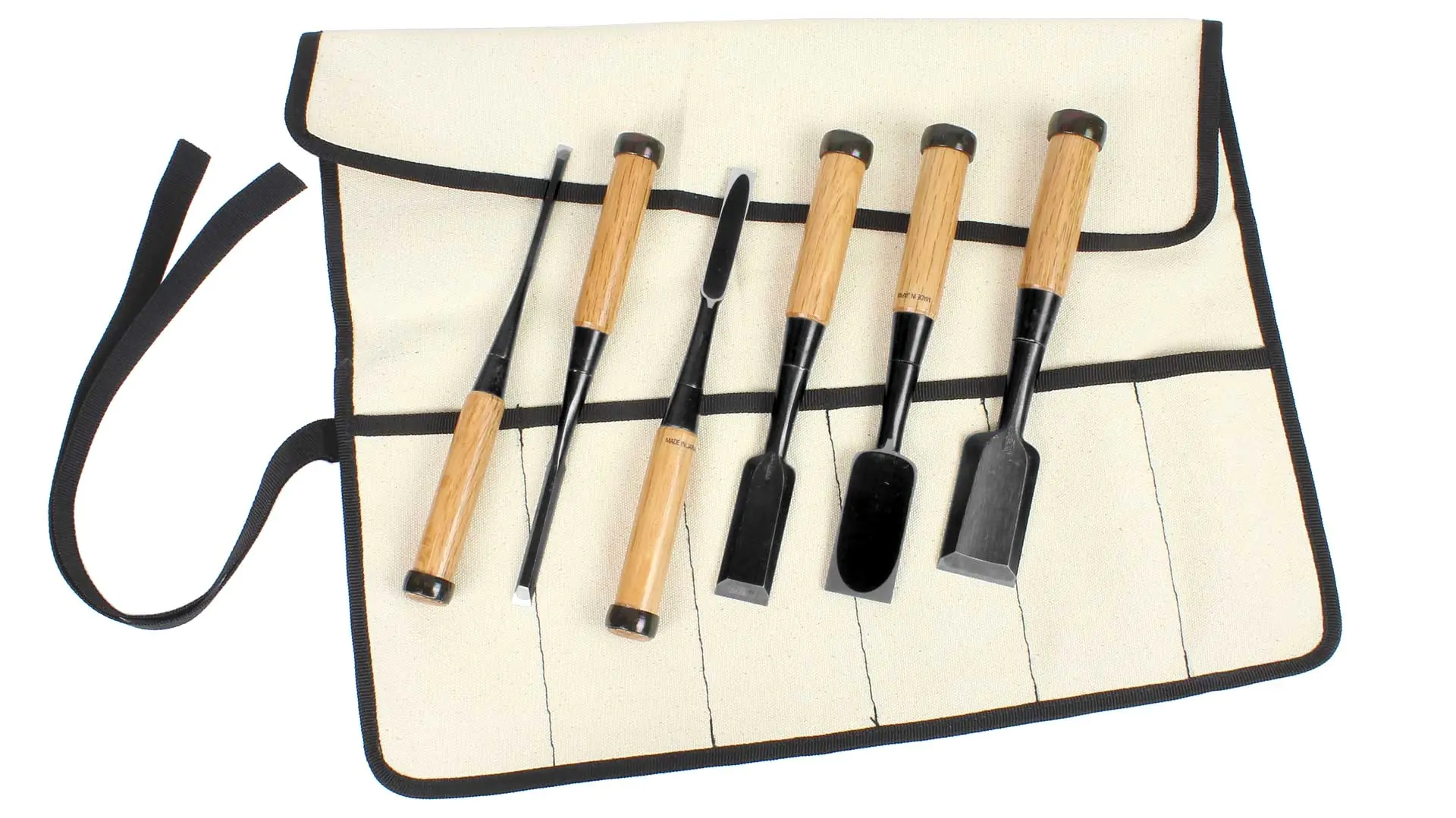 Ensemble de 6 Ciseaux à Bois Japonais 6-9-12-18-24-30 mm dans un Rouleau en Toile KOSHIMITSU