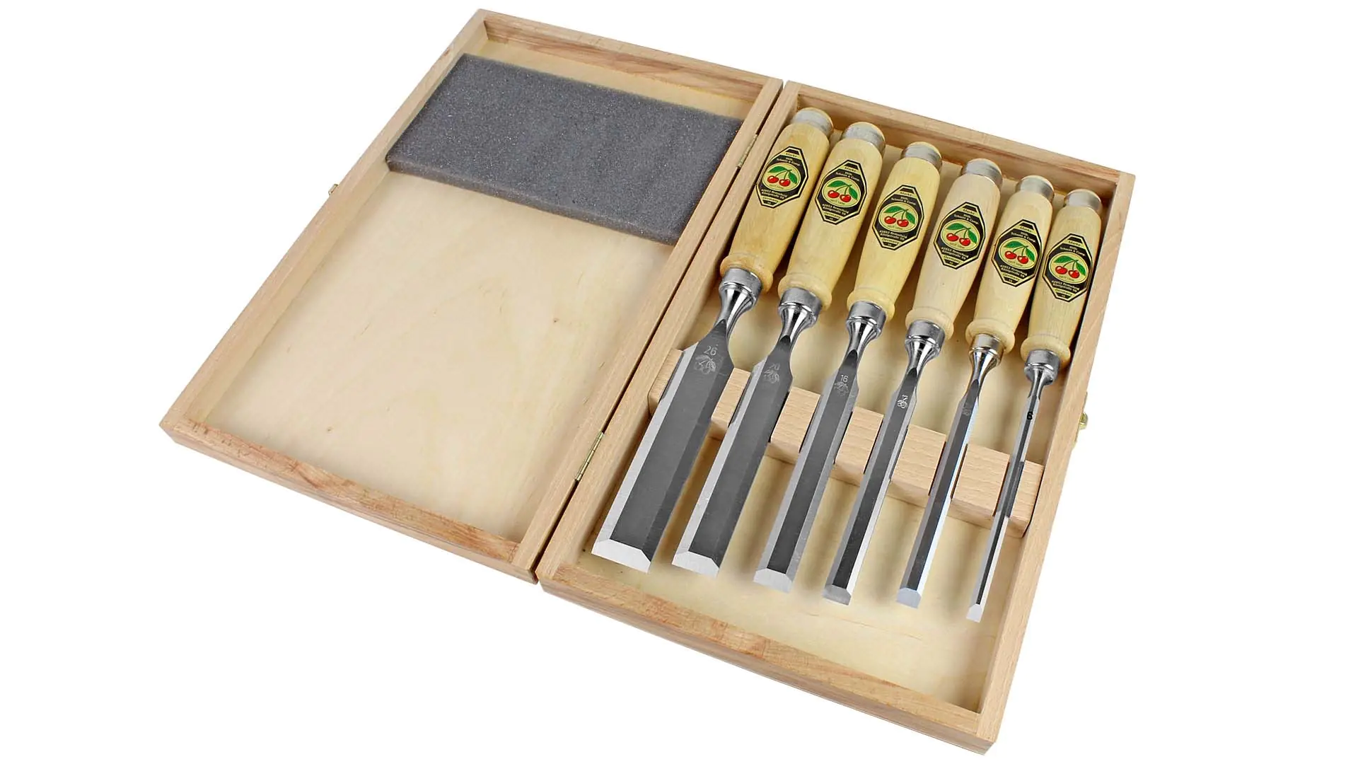 Coffret de 6 Ciseaux à Bois - Usinés Non Polis - avec Poignée en Bois dans une Boîte en Bois TWO CHERRIES