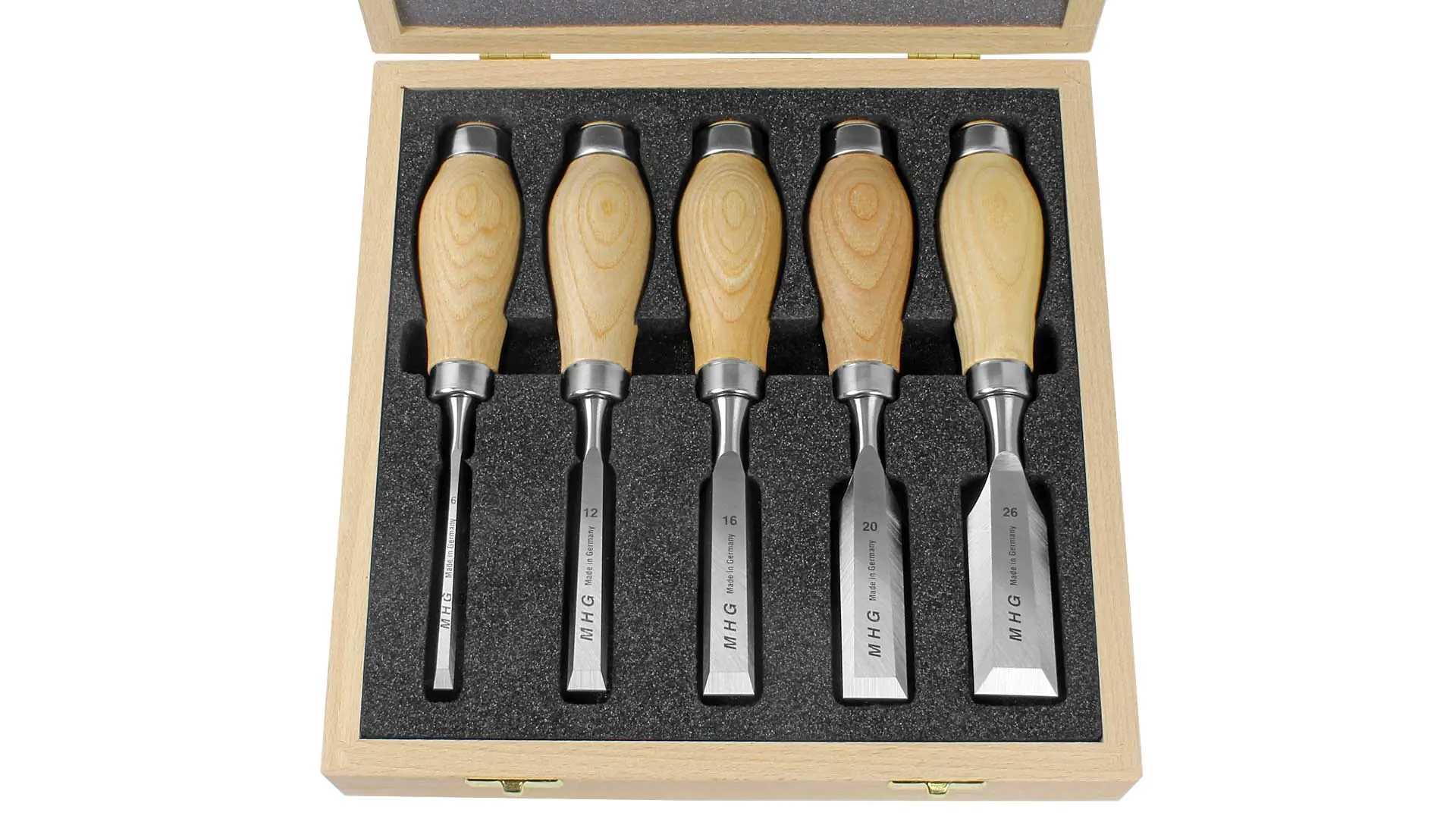 Ensemble de 5 Ciseaux à Bois Courts 6-12-16-20-26mm avec Virole et Manche Rond en Frêne Huilé Côtés en Biseau Affutés Jusqu'en Bas dans une Boîte en Bois MHG