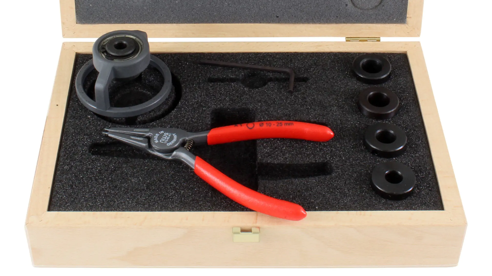 Jeu de Butées de Profondeur avec 5 Bagues de Guidage et une Pince à Circlips pour Forets Forstner FAMAG 10 - 48 mm dans une Boîte en Bois