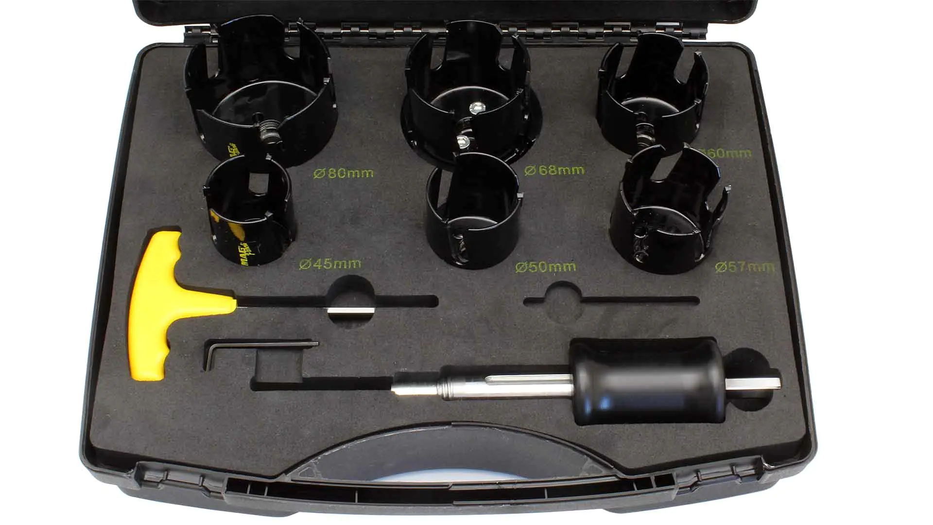Coffret de 7 Scies Cloches TC PAROLI 35-45-50-60-68-80mm + Queue d'Éjection Rapide FAMAG