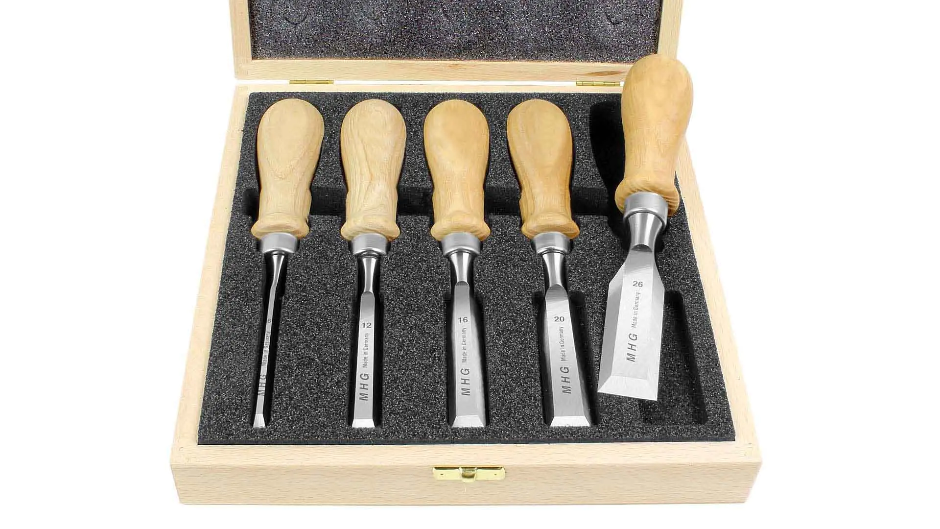 Ensemble de 5 Ciseaux à Bois Courts 6-12-16-20-26mm sans Virole et Manche Rond en Frêne Huilé Côtés en Biseau Affutés Jusqu'en Bas dans une Boîte en Bois MHG