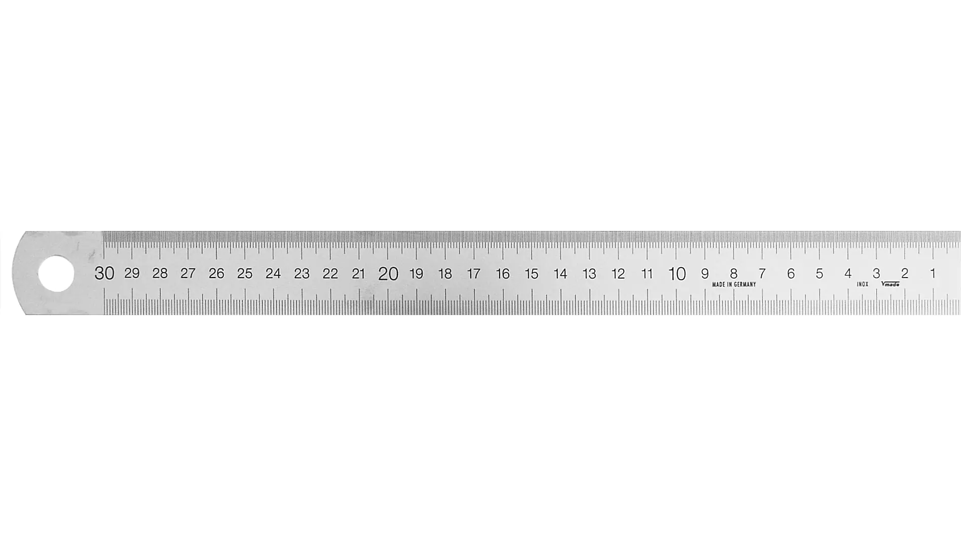 Règle en acier large, lecture de droite à gauche, graduation de 1/2 mm au bord supérieur, graduation de 1 mm au bord inférieur, chiffres indiquant les cm, rigide mais encore enroulable