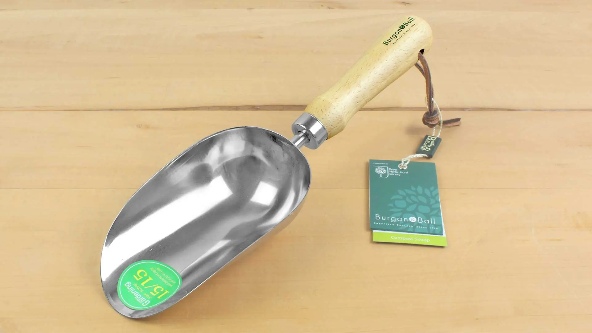 Pelle à compost en acier inoxydable avec manche en bois, longueur totale 300 mm = 12 po. BURGON & BALL