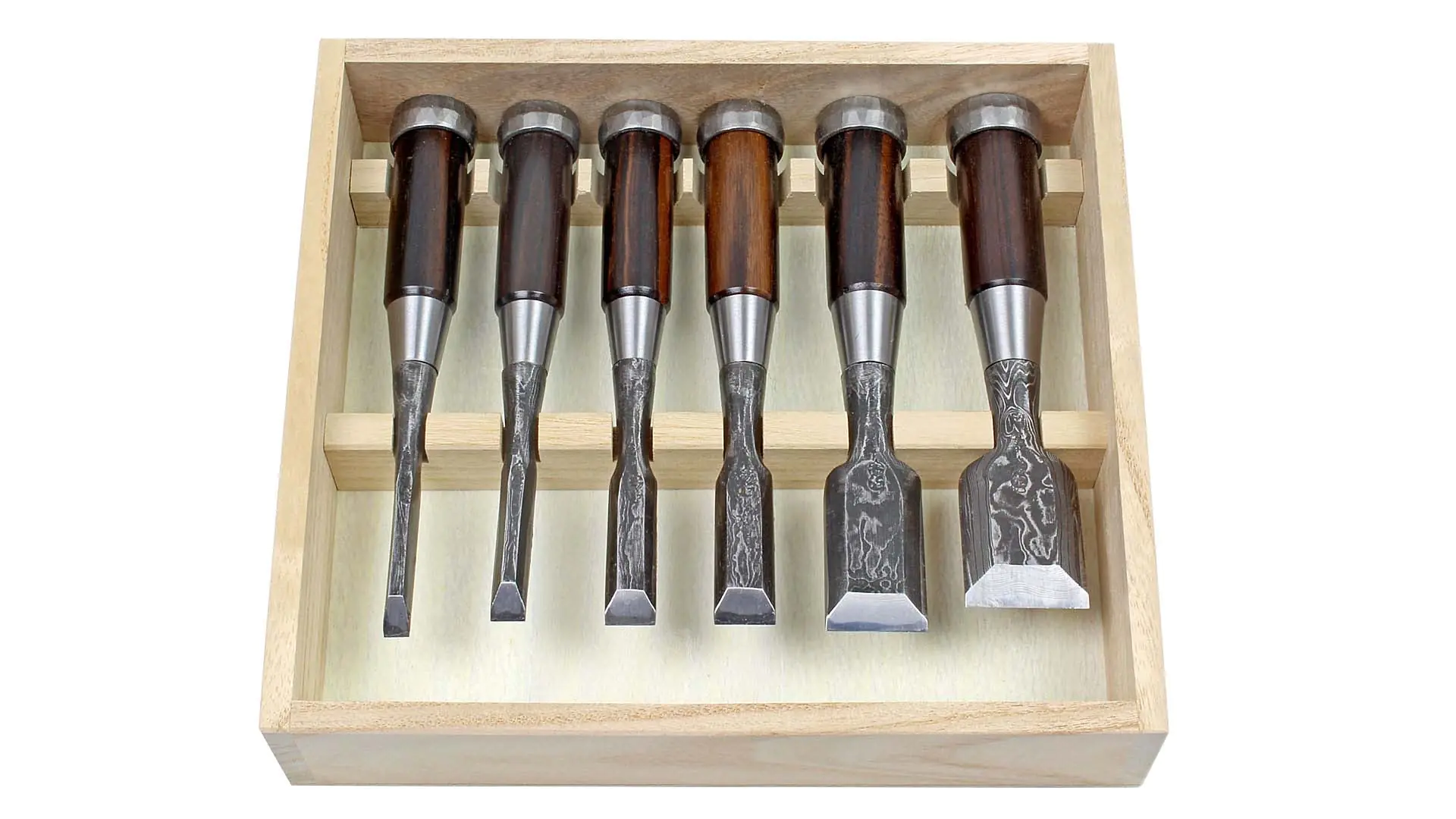 Ensemble de 6 Mini Ciseaux à Bois Japonais Suminagashi en Acier Damas DAITEI
