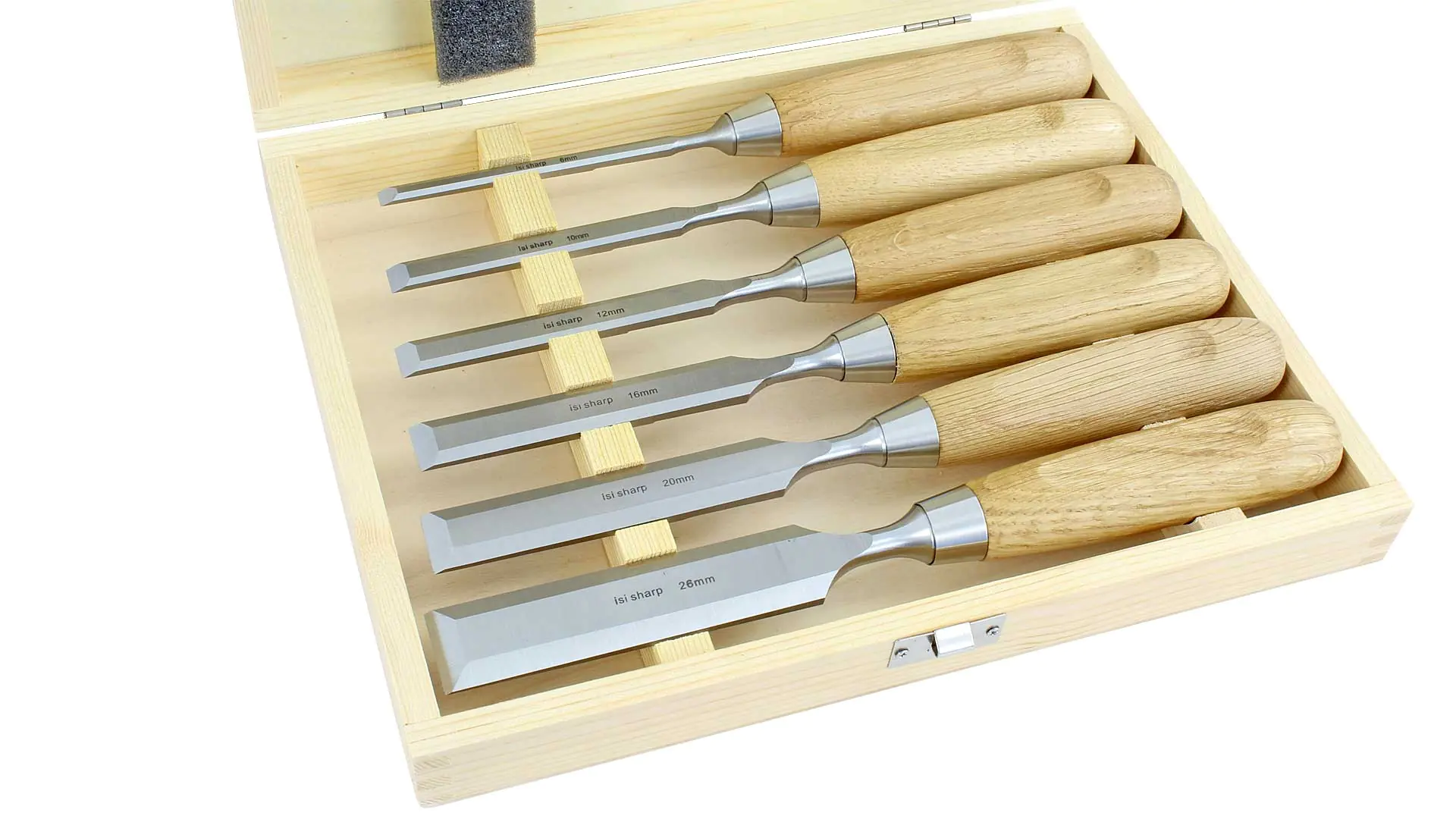 Ensemble de 6 Ciseaux à Bois 6-10-12-16-20-26mm dans une Boîte en Bois ISI SHARP Ensemble de 6 Ciseaux à Bois 6-10-12-16-20-26mm dans une Boîte en Bois ISI SHARP